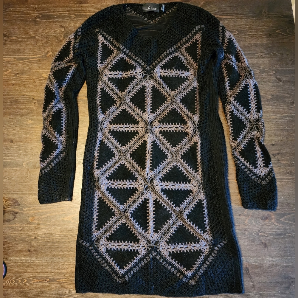 Line & Dot Crochet Wool and Faux Suede Dress, size Small, Eyelet Sweater